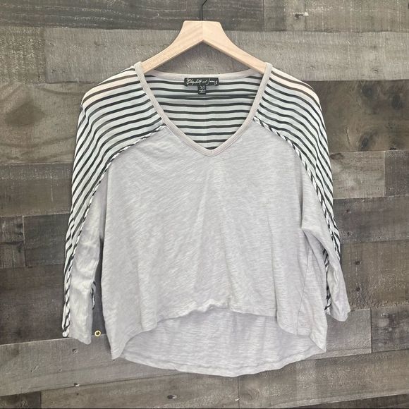 Elizabeth and James Silk Sleeve Shoulder Striped Dolman High Low Top - Picture 1 of 8